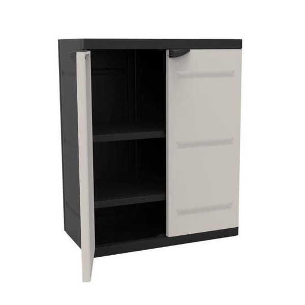 TITANIUM PLASTIKEN Armoire basse 2 portes avec étageres l70 x p44 x h88 cm Beige et Noire Gamme TITANIUM Intérieur/Extérieur