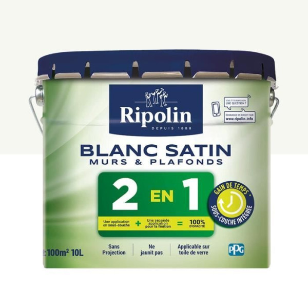 RIPOLIN Peinture blanche pour murs et plafonds avec sous-couche intégré - Blanc satin - 10 L