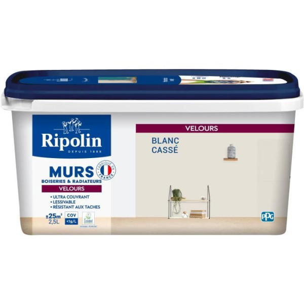 Peinture deco murs, boiseries  radiateurs - RIPOLIN - 467079 - Blanc cassé - Velours - 2,5 L