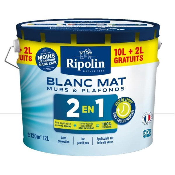 Peinture Murs et Plafonds 2 en 1 Blanc Mat Ripolin 10L  2L gratuits