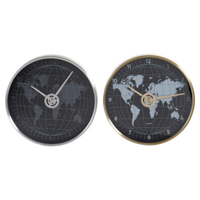 Horloge Murale DKD Home Decor Noir Aluminium Verre Doré Argenté Mappemonde (2 pcs) (30 x 4.3 x 30 cm)
