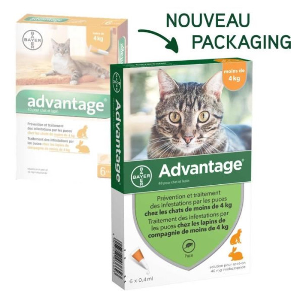 ADVANTAGE 40 - 6 pipettes antiparasitaires - Pour chat et lapin de moins de 4kg