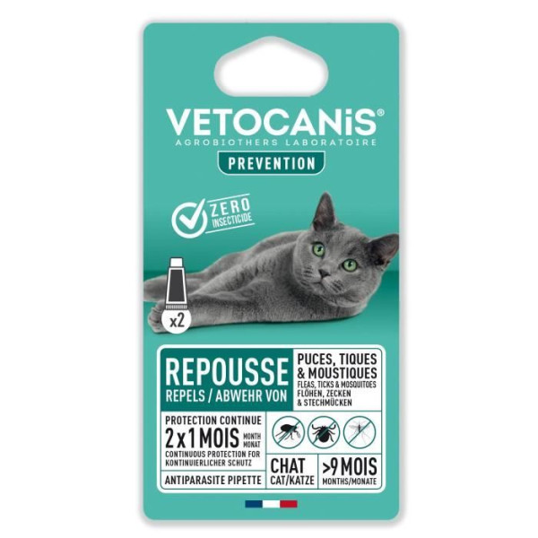 VETOCANIS 2 Pipettes anti-puces et anti-tiques - Pour Chat - 2x 1 mois de protection