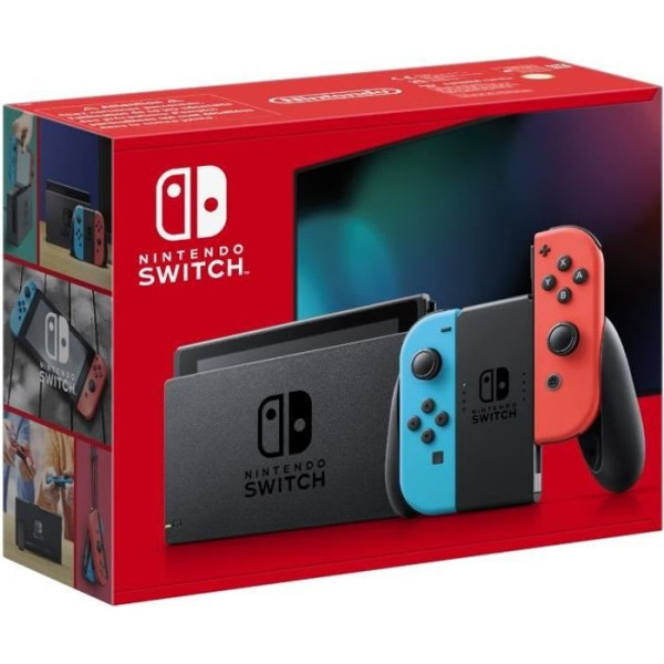 Console Nintendo Switch avec un Joy-Con rouge néon et un Joy-Con bleu néon