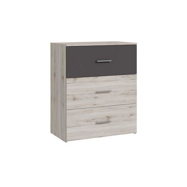 Commode - ADRIA - 3 tiroirs - Chene cendré / Gris uni - 75,2 x 41,3 x 89,7 cm