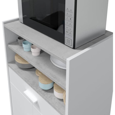 Meuble micro-ondes TIDY - Blanc artik béton - 2 Portes  1 Tiroir - L92 x H59 x P40 cm
