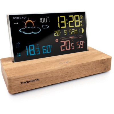 Réveil station météo - THOMSON - Bois foncé - Affichage température, Hygrométrie, Double alarme, USB-C, Sonde sans fil