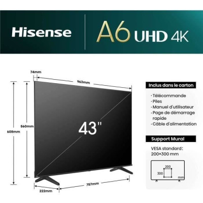 TV LED - HISENSE - 43A6N - 43'' (108 cm) - 4K UHD 3840x2160 - 60Hz - HDR 10 - Smart TV - 3 x HDMI