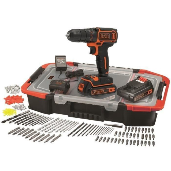 BLACK  DECKER Perceuse sans fil Lithium 18 V - 2 batteries - Coffret 160 accessoires -BDCDC18BAST-QW