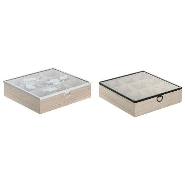 Boîte pour infusions DKD Home Decor Bleu Blanc Noir Naturel Métal Verre Bois MDF 24 x 24 x 6,5 cm (2 Unités)