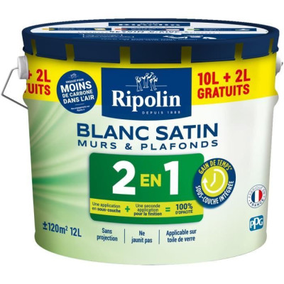 Peinture Murs et Plafonds 2 en 1 Blanc Satin Ripolin 10L  2L gratuits