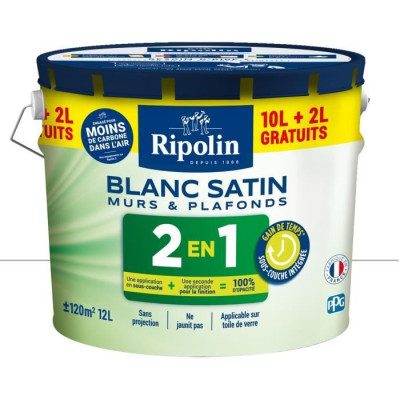 Peinture Murs et Plafonds 2 en 1 Blanc Satin Ripolin 10L  2L gratuits