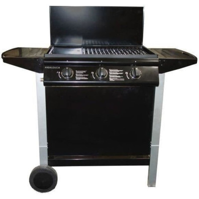 Barbecue a gaz mixte Grill  Plancha 3 brûleurs sur chariot - Fonte émaillée Andaloucia