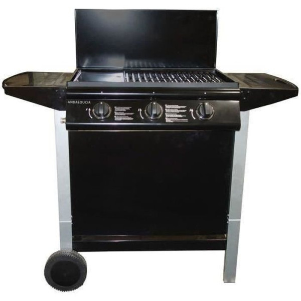 Barbecue a gaz mixte Grill  Plancha 3 brûleurs sur chariot - Fonte émaillée Andaloucia