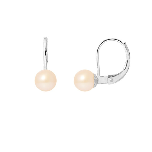 PERLINEA- Boucles d'Oreilles- Perles de Culture d'Eau Douce Ronde 6-7  mm Rose- Bijou Femme
