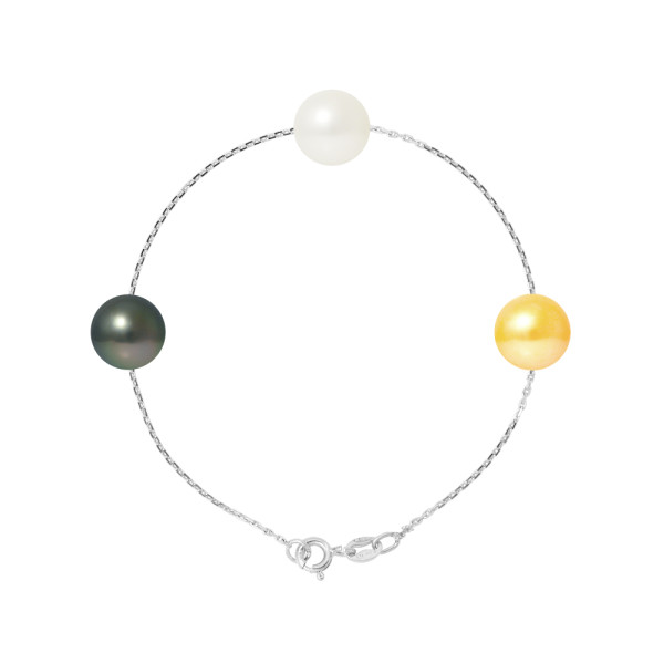PERLINEA- Bracelet- Perles de Culture de Tahiti et- Perle d'Eau Douce Blanc / Gold- Diamètre 9-10 mm- Bijou Femme