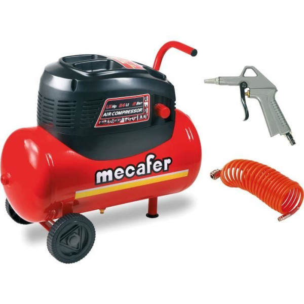 Compresseur MECAFER - 24L 1.5HP sans huile  tuyau et soufflette