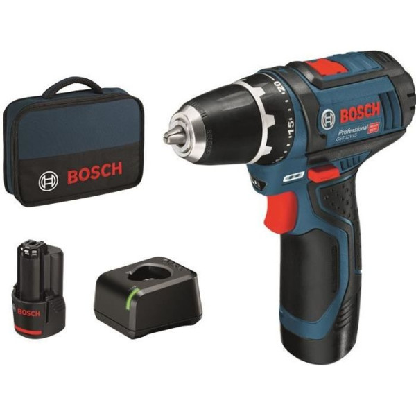 Bosch Professional Perceuse GSR 12V-15 avec 2 batterie 2Ah  chargeur  Softbag